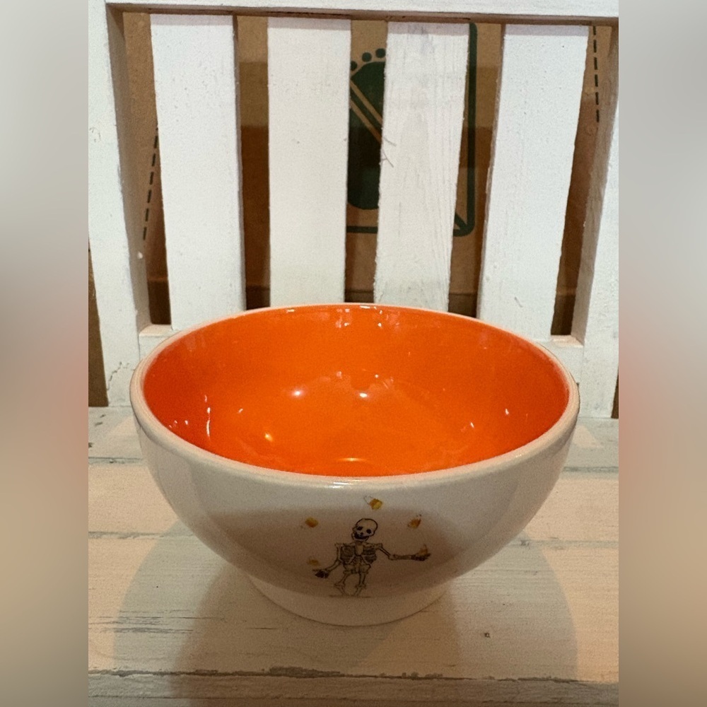Rae Dunn Orange and White Cereal Bowl with Dancing Skeleton Design